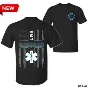 EMS Thin Blue Line T-Shirt, Emergency Medical Services Flag & Star of Life Graphic, First Responder EMS Graphic Shirt for Paramedics & EMTs, Gift for EMS Heroes or Medical Workers