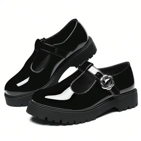 SHOESLOCKER Girls' Chunky Platform Mary Janes - Synthetic T-Strap Rubber Loafers, Round Toe School Uniform Shoes with Arch Support, Velcro Strap, All Seasons Dress Footwear, Back To School TikTok Shop Pick