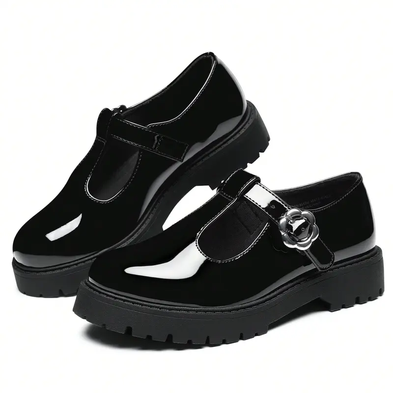 SHOESLOCKER Girls' Chunky Platform Mary Janes - Synthetic T-Strap Rubber Loafers, Round Toe School Uniform Shoes with Arch Support, Velcro Strap, All Seasons Dress Footwear, Back To School TikTok Shop Pick