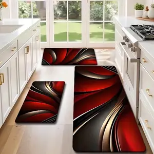 2/3 Piece Soft Flannel Kitchen Mat Set, Gold Abstract Design, Non-Slip, Absorbent, Bathroom, Laundry Room, Hallway Mats, Flannel Floor Mat