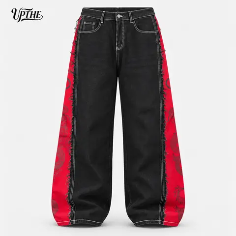 UP THE Men's Baggy Wide-Leg Denim Jeans - Black & Red Spliced Raw Edge Pants with Dragon Print, Pocket, 2000s Y2K Streetwear Clothing, Ideal for Hip Hop, Daily Hangout