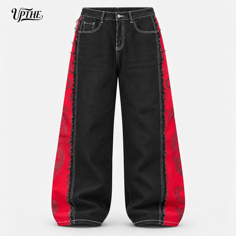 UP THE Men's Baggy Wide-Leg Denim Jeans - Black & Red Spliced Raw Edge Pants with Dragon Print, Pocket, 2000s Y2K Streetwear Clothing, Ideal for Hip Hop, Daily Hangout