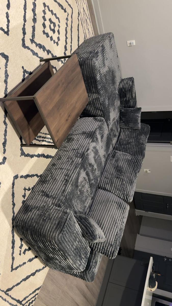 Item: Grey Plush Corduroy Left Chaise, With Ottoman