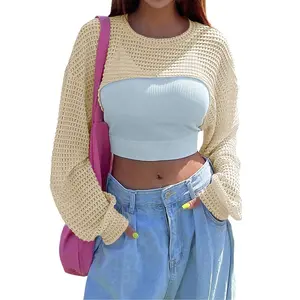 Womens Pullover Crochet Sweater Crew Neck Cropped Tops Shrugs Waffle Knit Crochet See Through Knit Top Cover Ups,Apricot - M