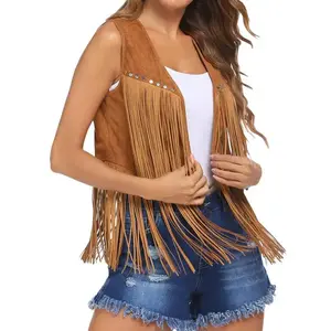 Women Vintage Western Fringe Vest Cowboy Cowgirl Clothes 70s Hippie Vest Tassel Country Concert Fringe Tops Shirts
