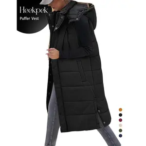 Long Puffer Vest Women With Hood Sleeveless Down Vest Warm Jacket Winter Coat With Pockets Casual Hoodie  #outdoorfunGiftr