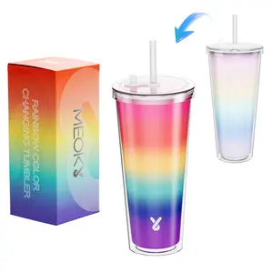 Meoky 24oz color changing cup with lid and straw, straw brush and cup brush, leak-proof plug, Tritan material, suitable for self-driving travel, family activities, gifts Tumbler Washable