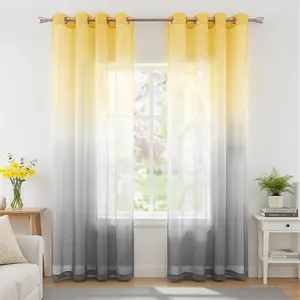 KOUFALL Yellow Sheer Curtains 84 Inches Long for Living Room, Summer Decor Grommet Ombre Printed Pattern Curtains for Bedroom Dining Room 84 Inch Length 2 Panels Set, Yellow and Grey