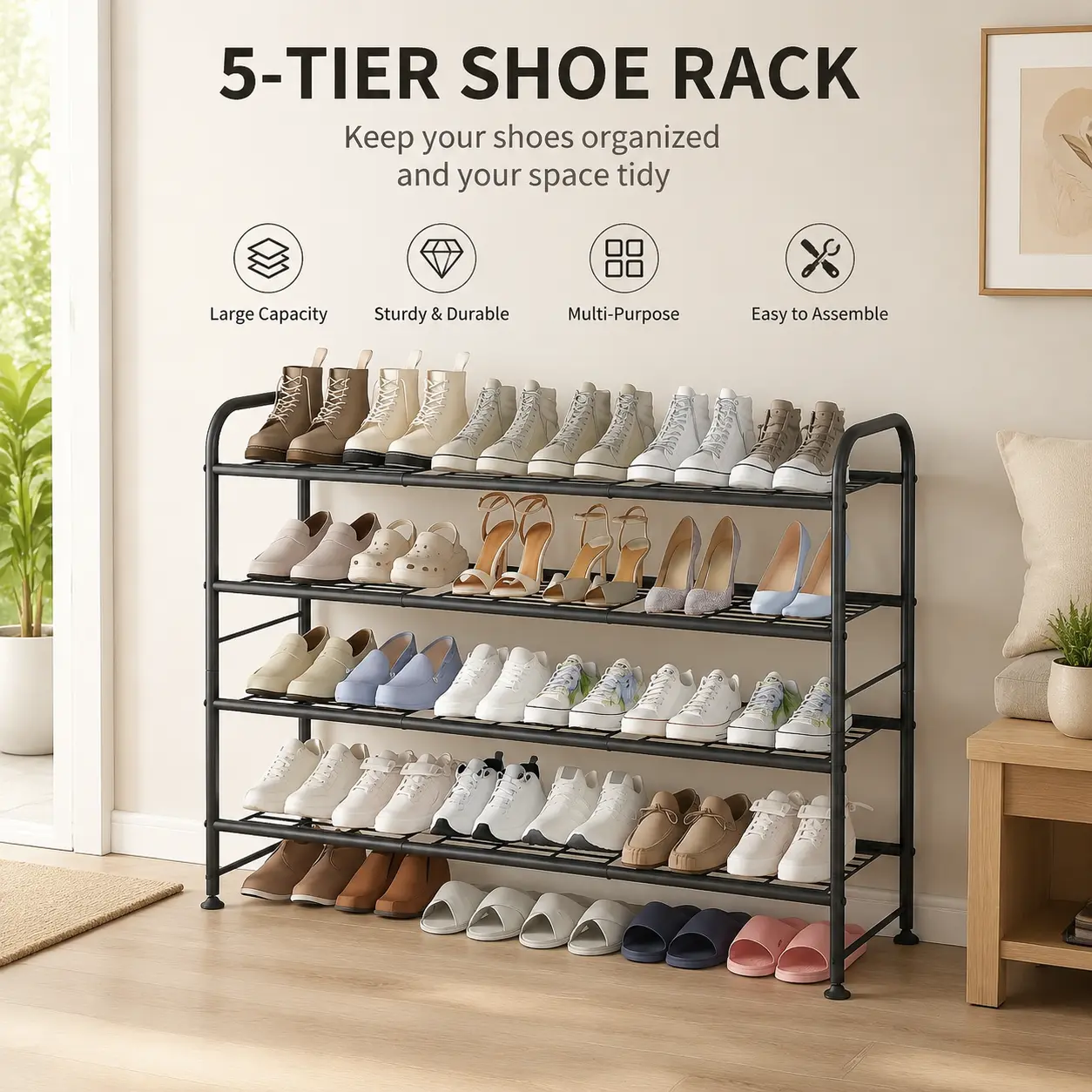 SUOERNUO 2/3/4 Tier Metal Shoe Rack Long Shoes Storage Organizer for Closet Entryway Black Grey Paint Adjustable Room Organizing Large Capacity Multipurpose Shoe Rack Easy to Assemble,dorm room inspo,college dorm essentials,dorm haul