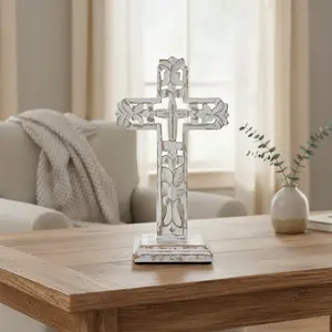 Distressed White Ornate Wooden Cross