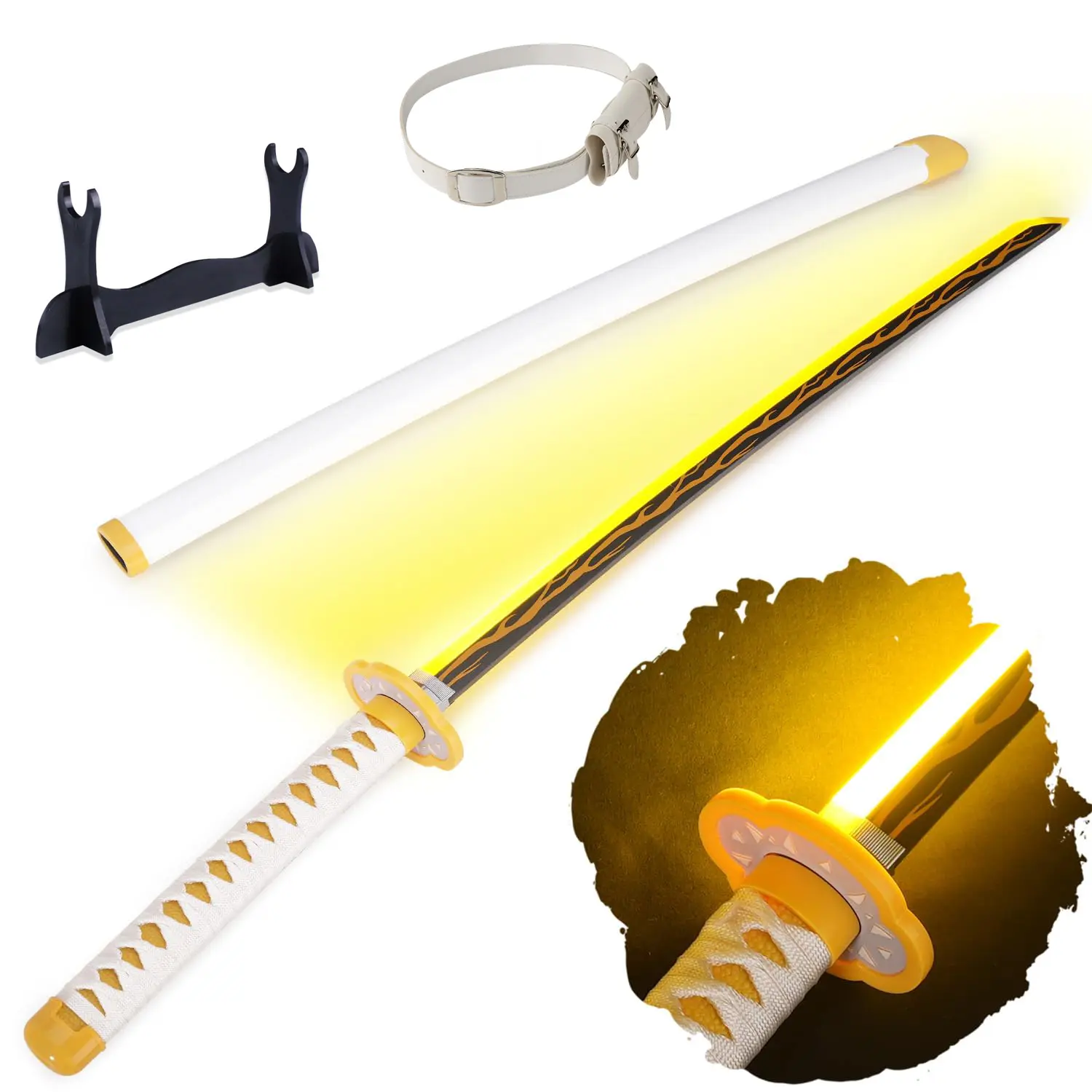 41-in LED Light Up Agatsuma Zenitsu Demon Slayer Cosplay Prop Sword, with Belt, Holder Stand Display for Cosplay & Collection (Anime Fans Targeted), Light Up Sword, 1.1Lb, Katana Sword
