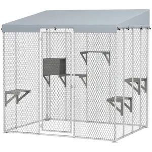 PawHut 79" Large Catio Outdoor Cat Enclosure, Galvanized Steel Outdoor Cat House with 420D Waterproof Canopy for 1-3 Large Cat, Walk-in Cat Cage with Sleeping Box, Jumping Platforms, Silver