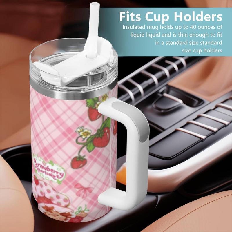 13+ Versatile Styles Strawberry Shortcake 40oz Insulated Stainless Steel Mug with Straw Handle, Leak-Proof Lid Portable Drinkware for Commuting Picnics Office, Ideal for Coffee Smoothies, Perfect Gift for Dessert Lovers