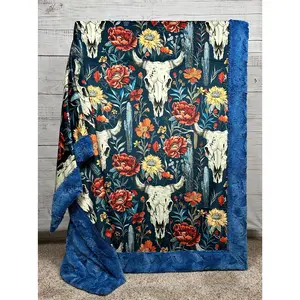 Boho Western Skull Floral on Blue Luxe Large 55x79 Large Minky Blanket