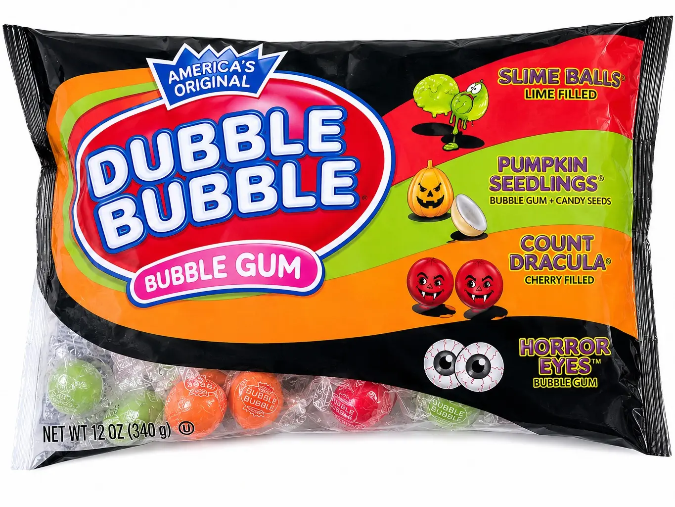 Dubble Bubble Halloween Combo Bubble Gum 12 oz – Assorted Pumpkin Seedlings, Horror Eyes, Slime Balls & Count Dracula Gumball