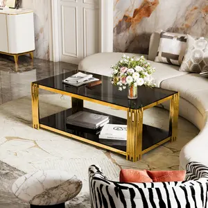 47" Large Size Rectangular Gold Glass Coffee Table, Luxury Stainless Steel Metal Legs, Black Tempered Glass Top, Open-Frame Indoor Furniture with Storage for Living Room, Home Office