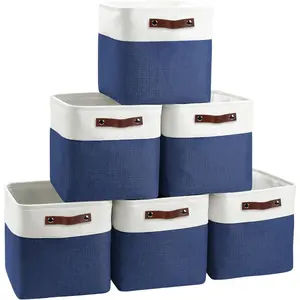 Cube Storage Basket 6 Pack, 11x11 Inch Foldable Cube Storage Box with Leather Handle for Shelves, Closets, Toys (White/Blue)