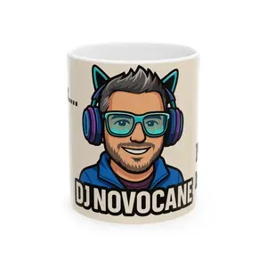 Custom DJ Novocane Ceramic Mug, Fun Gift for Music Lovers, Personalized Coffee Cup, Unique Drinkware for Parties, Great for Holidays