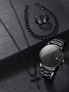 Men's Simple Watch Set, Quartz Analog Watch with Cuban Bracelet, Cross Pendant Necklace, Ring, Fashionable Gift for Valentine's Day