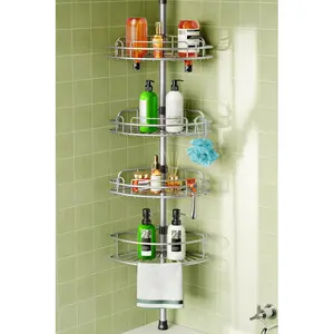Corner Shower Caddy Tension Pole: 4-Tier Rust-Resistant Adjustable Bathroom Organizer Shelves - 47-121 Inch No-Drill Quick Installation - Space-Saving Storage for Re