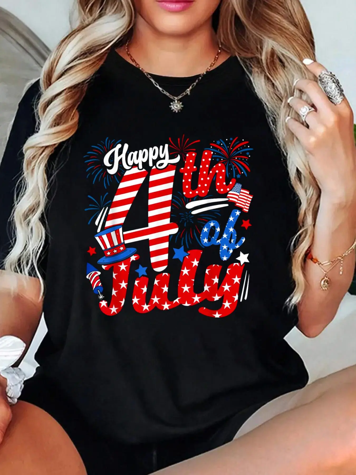 Happy 4th Of July US Flag American 4th Of July Independence T-Shirt Casual Printed Cotton Women T-Shirt, Summer Short Sleeve Graphic Tee Women Tops