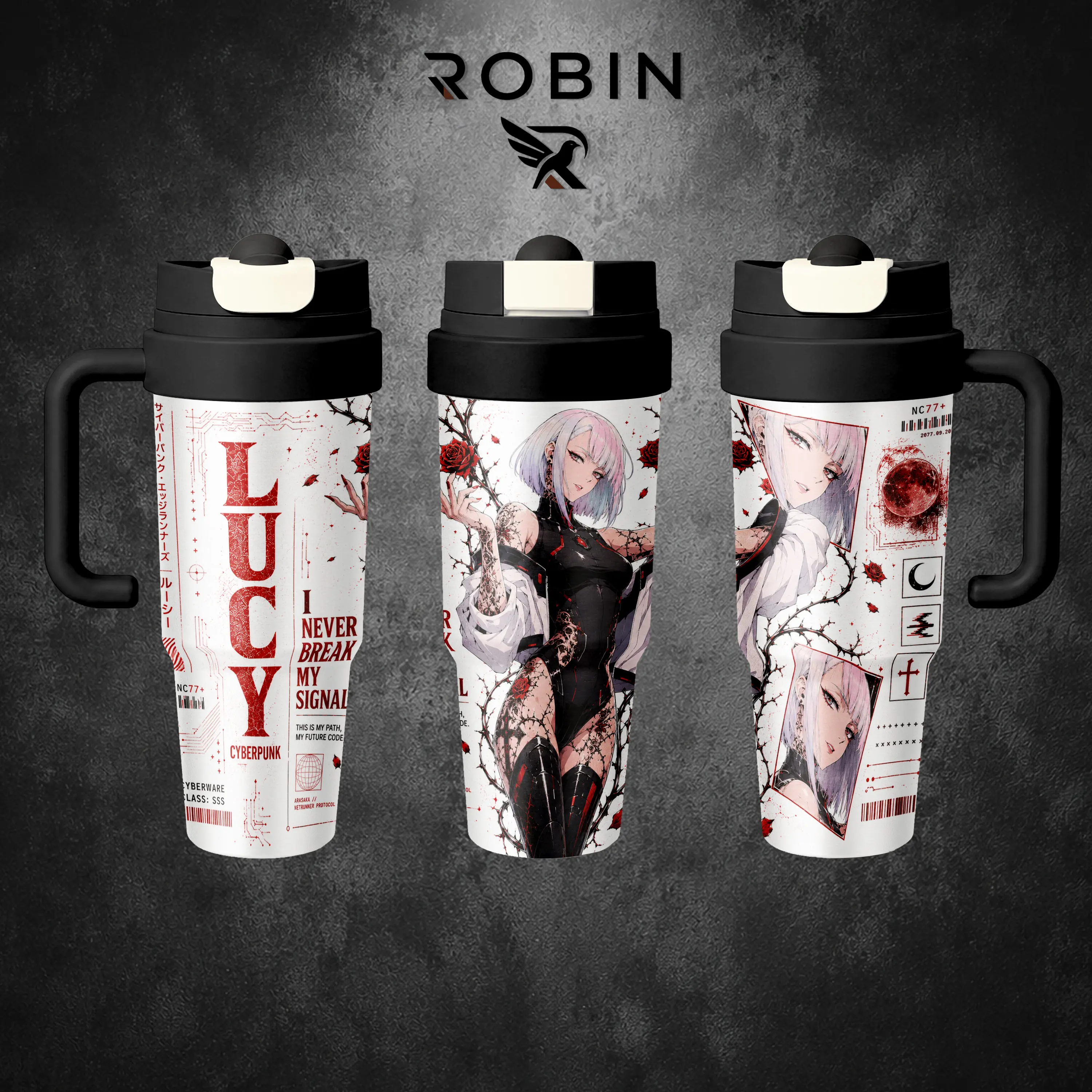 Lucy Cyberpunk Edgerunners 17oz 30oz Insulated Tumbler Water Bottles, Anime Stainless Steel Travel Cup with Carry Strap, Built-In Straw Dual-Drink Lid, Hot Cold Drinkware Mug, Anime Gift for Fans