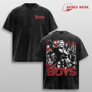 The Boys Acid Wash Oversized Graphic Tee Dark Superhero Streetwear Heavy Cotton Shirt