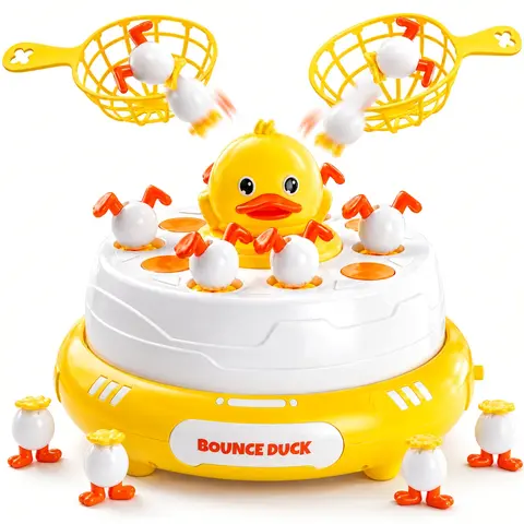 Bounce and Catch Duck Game for Kids, Electric Rotating Tabletop Game with Music, 2 Catching Nets and 10 Bouncing Pieces, Interactive 2-Player Family Activity Toy