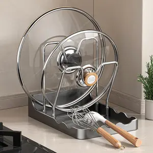 Pot lid Holder And Spoon Rest, 2 Layers Lid And Spoon Rest Pot Lid Organizer With Drip Tray, Multifunctional Utensils Pan Pot Cover Lid Rack Shelf for Pot Lids, Spatulas, Spoons (Black)