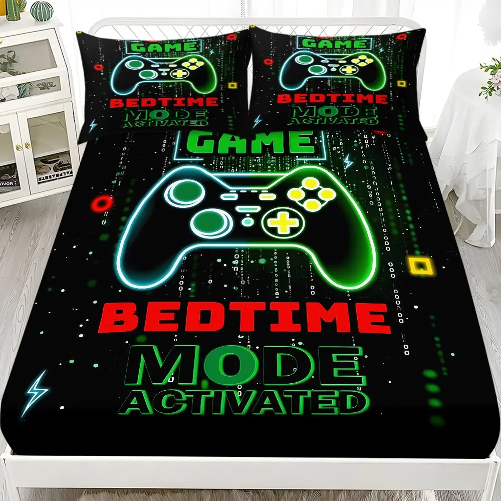 Game Controller Bed Sheet Set (1 Fitted + 2 Pillowcases), Modern Style, Complete Sheet Set, Suitable for Dorms, Bedrooms, Hotels, All Seasons, No Fillers, Polyester Bedding Set