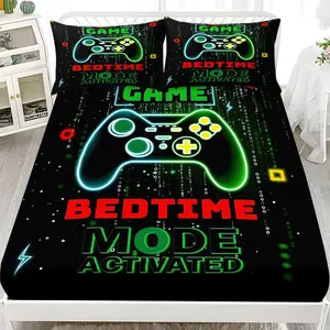 Game Controller Bed Sheet Set (1 Fitted + 2 Pillowcases), Modern Style, Suitable for Dorms, Bedrooms, Hotels, All Seasons, No Fillers