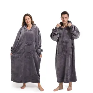 REDESS Flannel Lambswool Lined Hooded Robe Long Warm Home Robe with Pockets Suitable for Home and Outdoors Unisex Piece Fit Baggy Clothes