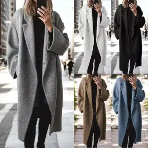 Women's Winter Double Breasted faux wool Coat Long Sleeve Notch Lapel Long Trench Coat Womenswear Check
