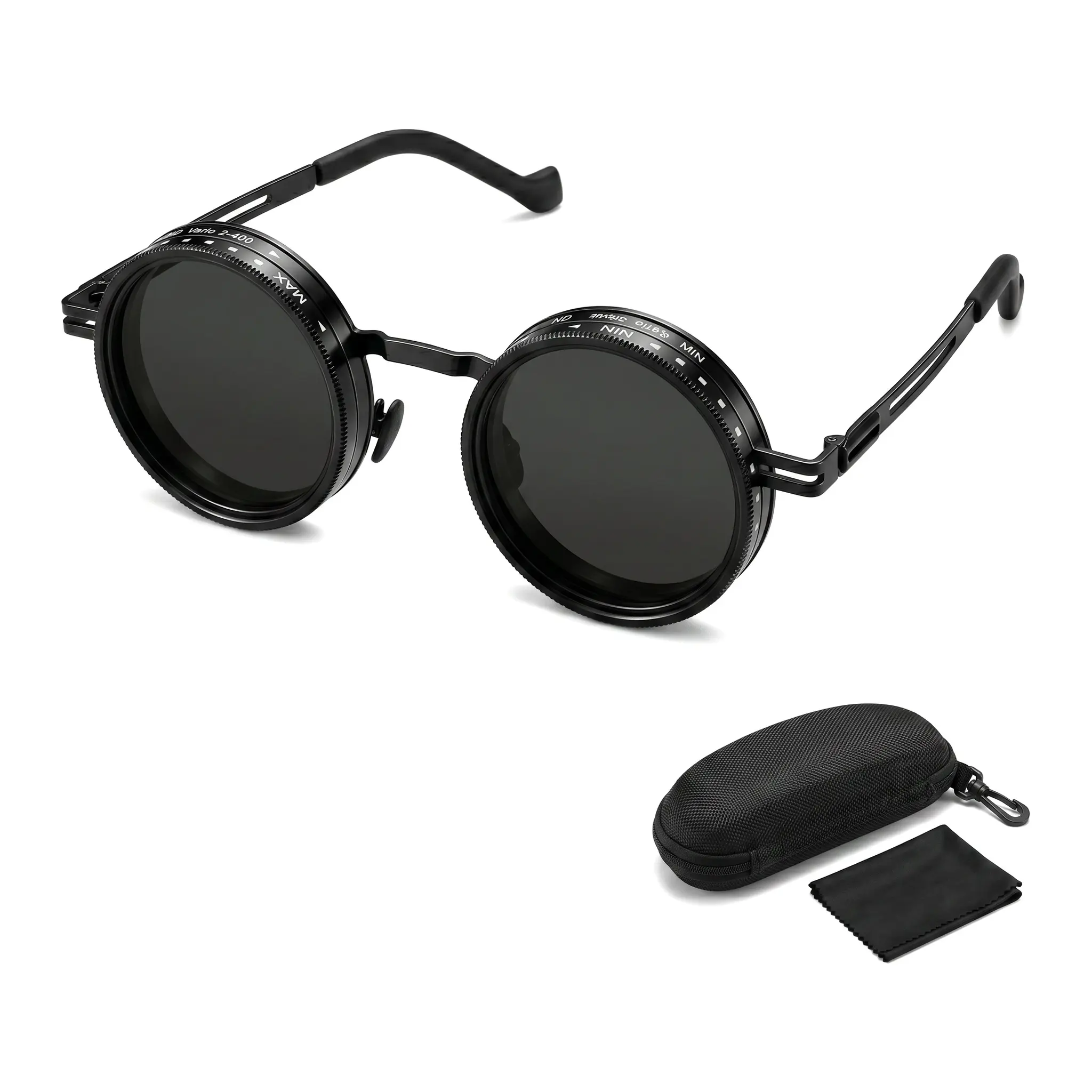 Vintage Round Adjustable Diopter Reading Sunglasses, Steampunk Metal Frame Focusable Myopia Glasses with Portable Storage Case & Cleaning Cloth for Outdoor Driving Fishing