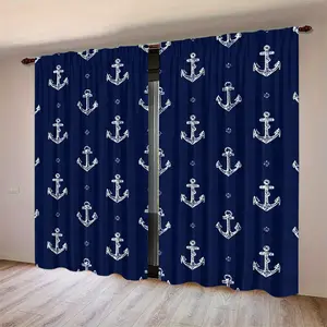 2 Piece Set Blue Nautical Anchor Half-Blackout Curtains, Ocean Beach Coastal Theme Home Decor, Polyester Material, Suitable for Bedroom Living Room Classroom