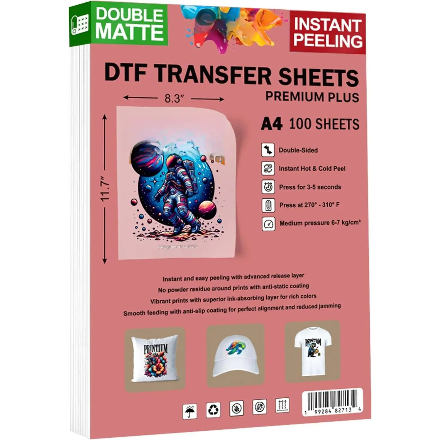 DTF Transfer Film Sheets A4 - 100 Pack (8.3"x11.7") Double Matte Anti-Static Fabric Transfer Printing Film, Hot-Cold Peel Instant Peeling, Compatible with DTF Printers, Durable for Denim & Colors