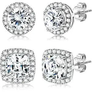 Halo cubic zirconia earrings, round square diamond earrings set, men's and women's luxury jewelry earrings