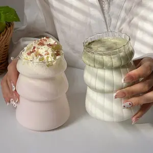 Glass Cup, 2 Counts Transparent Stripe Thickened Glass Cup, Multi-purpose for Hot & Cold Drinks, Milk, Coffee, Ice Americano, Latte, Tumblers