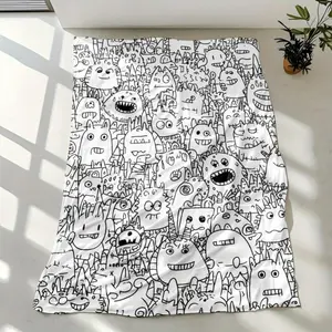 Cute Monster Faces Flannel Blanket - Playful Black & White Coloring Book Design, Interactive Bedspread for Creative Family Activities birthday gift
