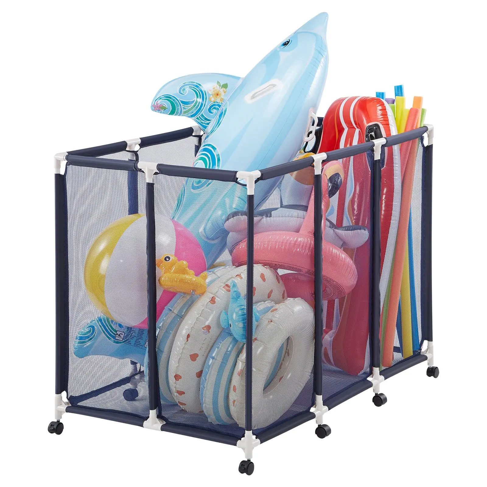 【Summerfinds】VEVOR Pool Storage Bin, 48x33x39 in Rolling Organizer with Casters, Durable Plastic Frame, Breathable Mesh Basket for Poolside Toys, Noodles, Laundry