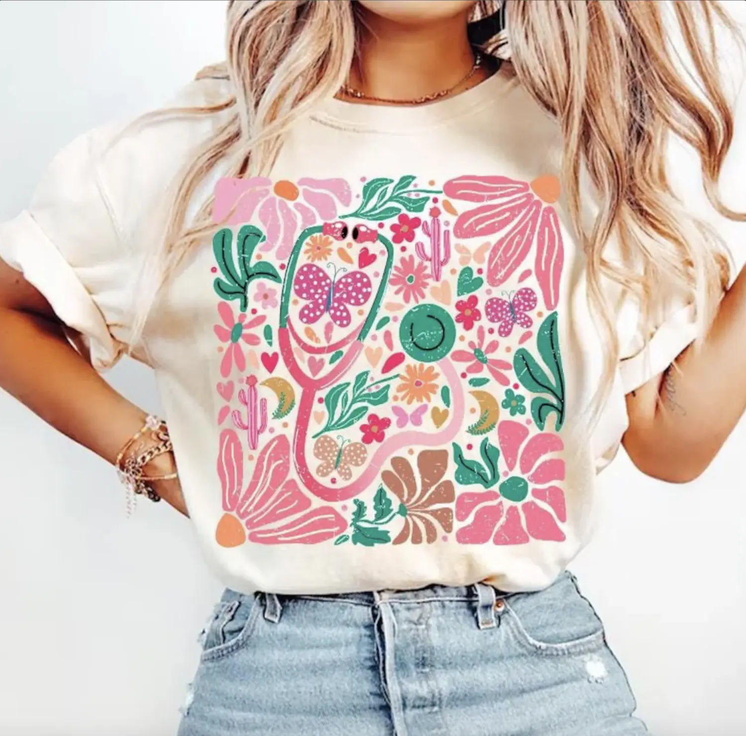 Nurse Shirt, Pink Stethoscope Shirt, Floral Nurse Shirt, Health Care Worker Tee, Boho Floral T-Shirt, Nursing Tee, Pink Boho Aesthetic Tee, Nurse Gift