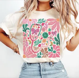 Nurse Shirt, Pink Stethoscope Shirt, Floral Nurse Shirt, Health Care Worker Tee, Boho Floral T-Shirt, Nursing Tee, Pink Boho Aesthetic Tee, Nurse Gift
