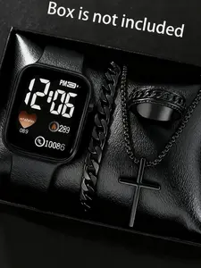 Men's Sport Jewelry Gift Box Set, 4-Piece Includes Digital Watch, Cross Pendant Necklace, Bracelet, Ring, Perfect Valentine's Day Gift