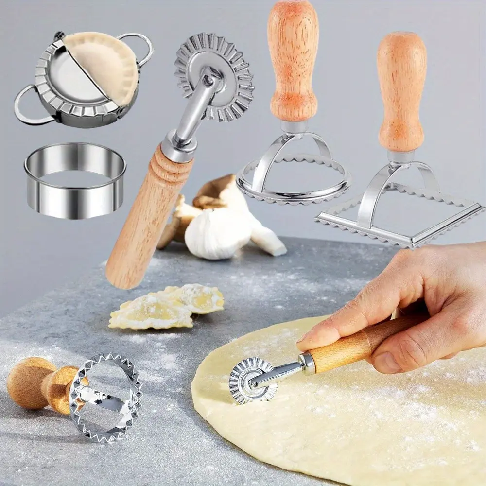Set of 5 Ravioli Stamp Maker Cutter with Roller Wheel, Mold with Wooden Handle and Fluted Edge for Ravioli, Pasta, Dough Cutter and Press Stamps
