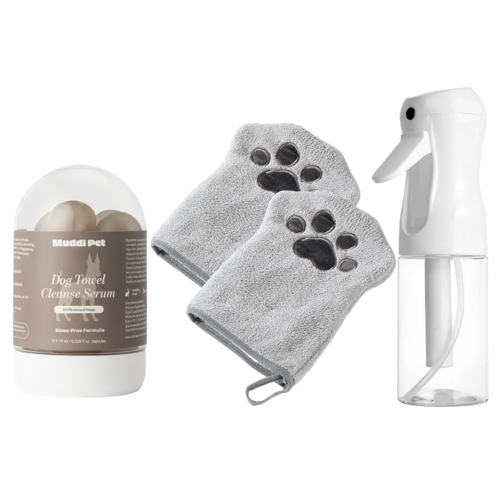 Muddi Pet Dog Concentrated Rinse-Free Shampoo & Conditioner - DIY Set - DIY Dry Shampoo Spray or Sponge Bath - For Sensitive Skin, Stress & Itch Relief Leave-In Serum – 98.65% Naturally Derived, Gentle Cleanse, Hydrate, Soothe & Deodorize