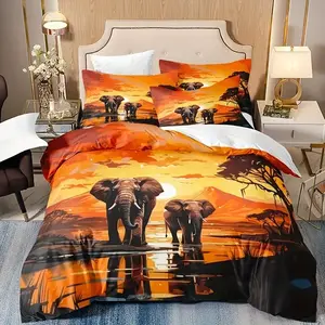 3-piece set of sunset elephant drinking water picture bedding, machine washable polyester material, bedroom and guest room bedding, birthday gift (including 1 down duvet cover+2 pillowcases, coreless)