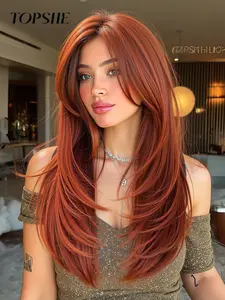 Topshe 13x6 Handmade Lace Wig, Fashion Wig, Medium Length Straight Hair with Bangs, Highlights, Comfortable & Breathable, Perfect for Parties