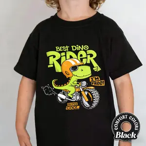 Dino Rider Print Boy's T-Shirt  - Cute Dinosaur Rider Cartoon Graphic T-Shirt, Dino On Motorcycle Best Dino Rider,Super Cool Design For Casual Wear And Everyday Outfit