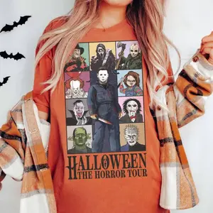[Comfort Color] Retro Horror Characters Halloween T-Shirt, Horror Movie Shirt, Halloween Horror Nights 2025, Halloween Friends Group Matching, Trick or Treat Tee