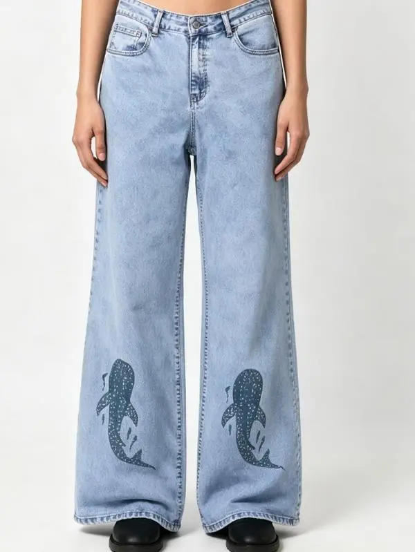Minimalist Whale Print Jeans, Unisex High Waist Wide Leg Loose Fits in Lightweight Denim, Simple Aesthetic Ocean Style Pants, Animal, Bottoms, Graphic, Soft, Casual